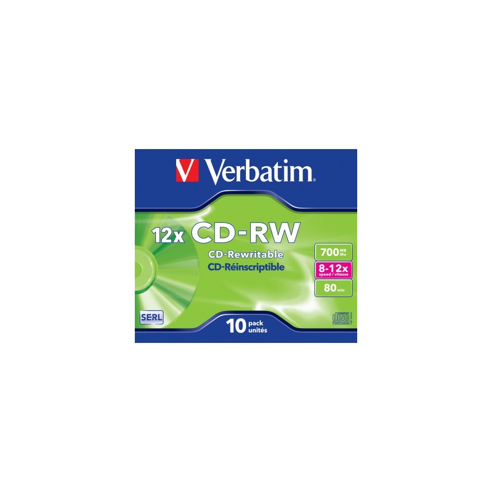 VERBATIM CD-RW 700MB 12X 10 PACK JEWEL CASE SUPERFICIE SCRATCH RESISTANT 43148