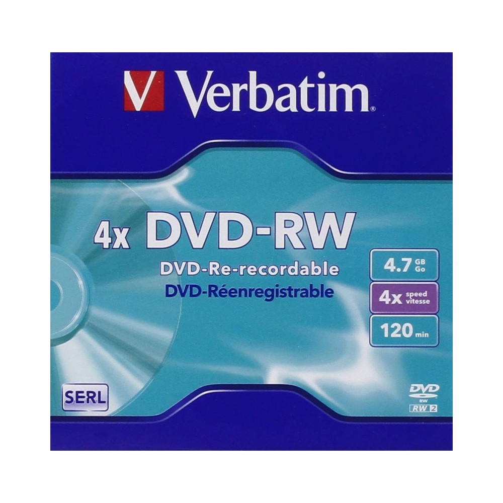 VERBATIM DVD-RW 4.7GB 4X 5 PACK JEWEL CASE MATT SILVER SURFACE 43285