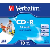 VERBATIM CD-R AZO 700MB 52X 10 PACK JEWEL CASE WIDE INKJET PRINTABLE SURFACE 43325