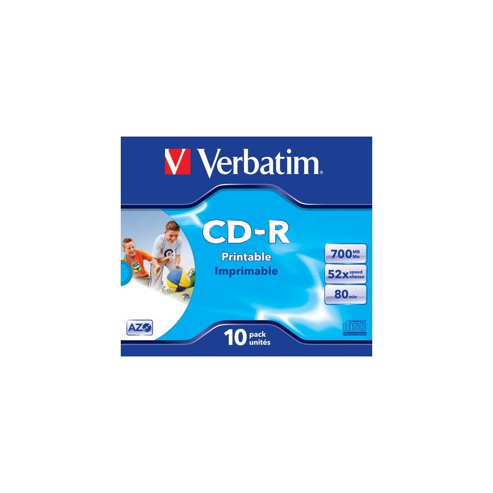 VERBATIM CD-R AZO 700MB 52X 10 PACK JEWEL CASE WIDE INKJET PRINTABLE SURFACE 43325
