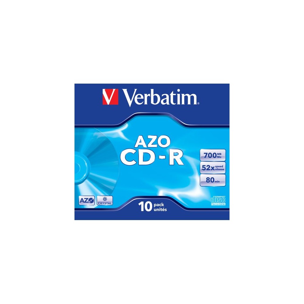 VERBATIM CD-R AZO 700MB 52X 10 PACK JEWEL CASE CRYSTAL SURFACE 43327