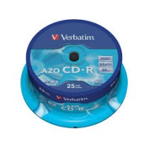 VERBATIM CD-R AZO 700MB 52X 25 PACK SPINDLE CRYSTAL SURFACE 43352