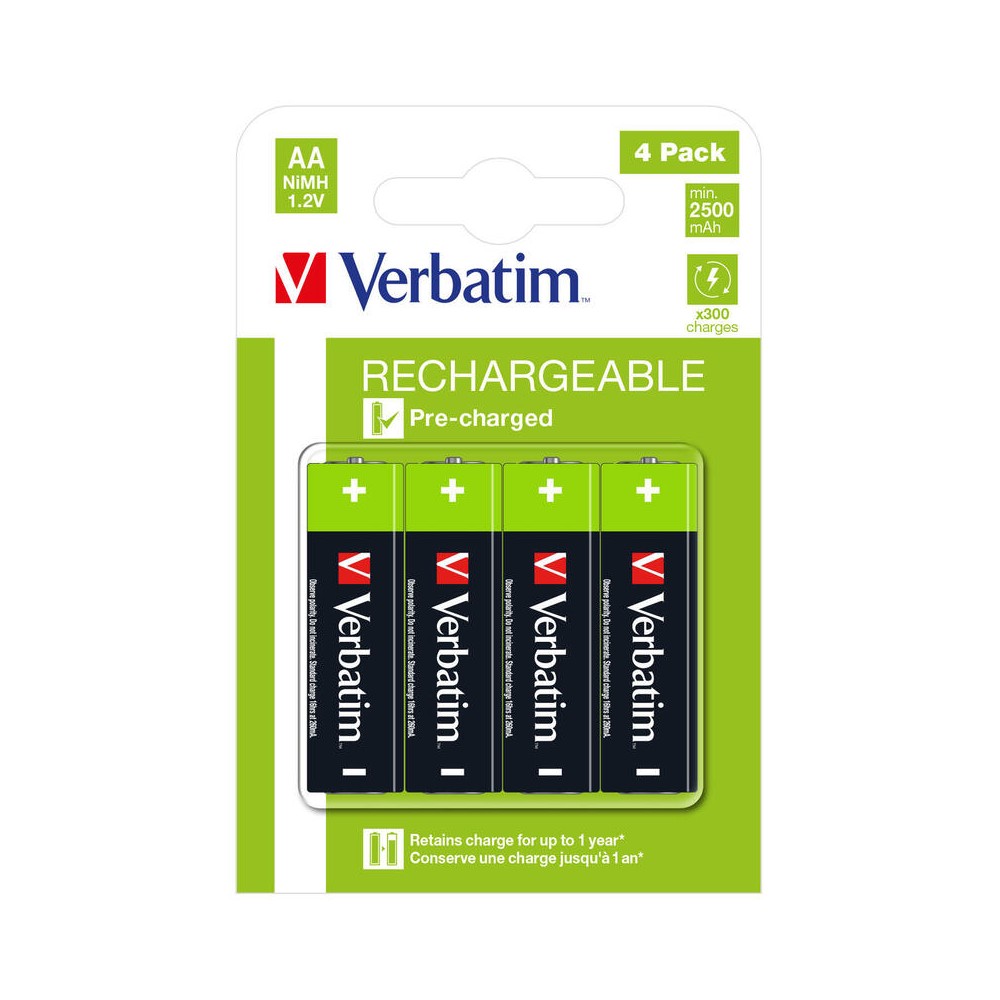 VERBATIM ALKALINE RECHARGEABLE BATTERIES AA HR06 4 PCS PACK 49517