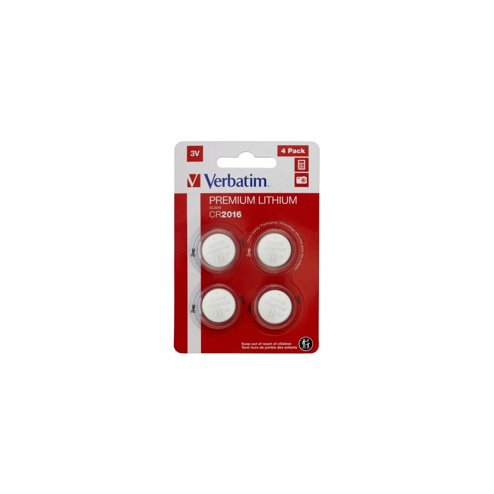 VERBATIM LITHIUM FLAT BATTERIES 3V - CR2016 4 PACK 49531